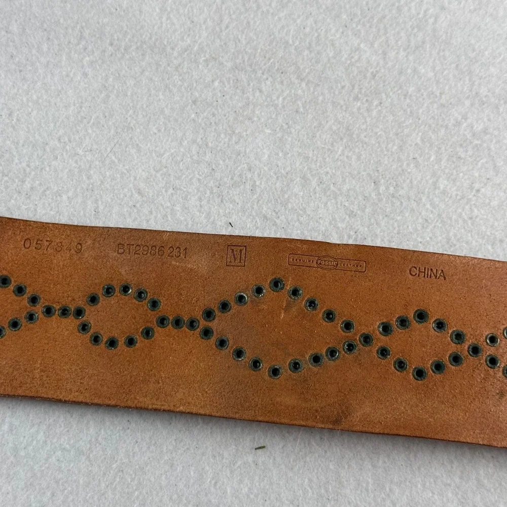 Fossil Brown Leather Studded Western Belt Womens Medium BT2986 231 Brass Buckle